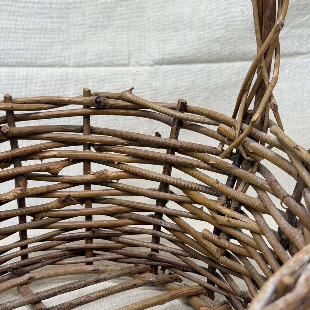 Rustic Woven Willow Branch Gathering Basket with Twisted Handle Brown Wood 1970s